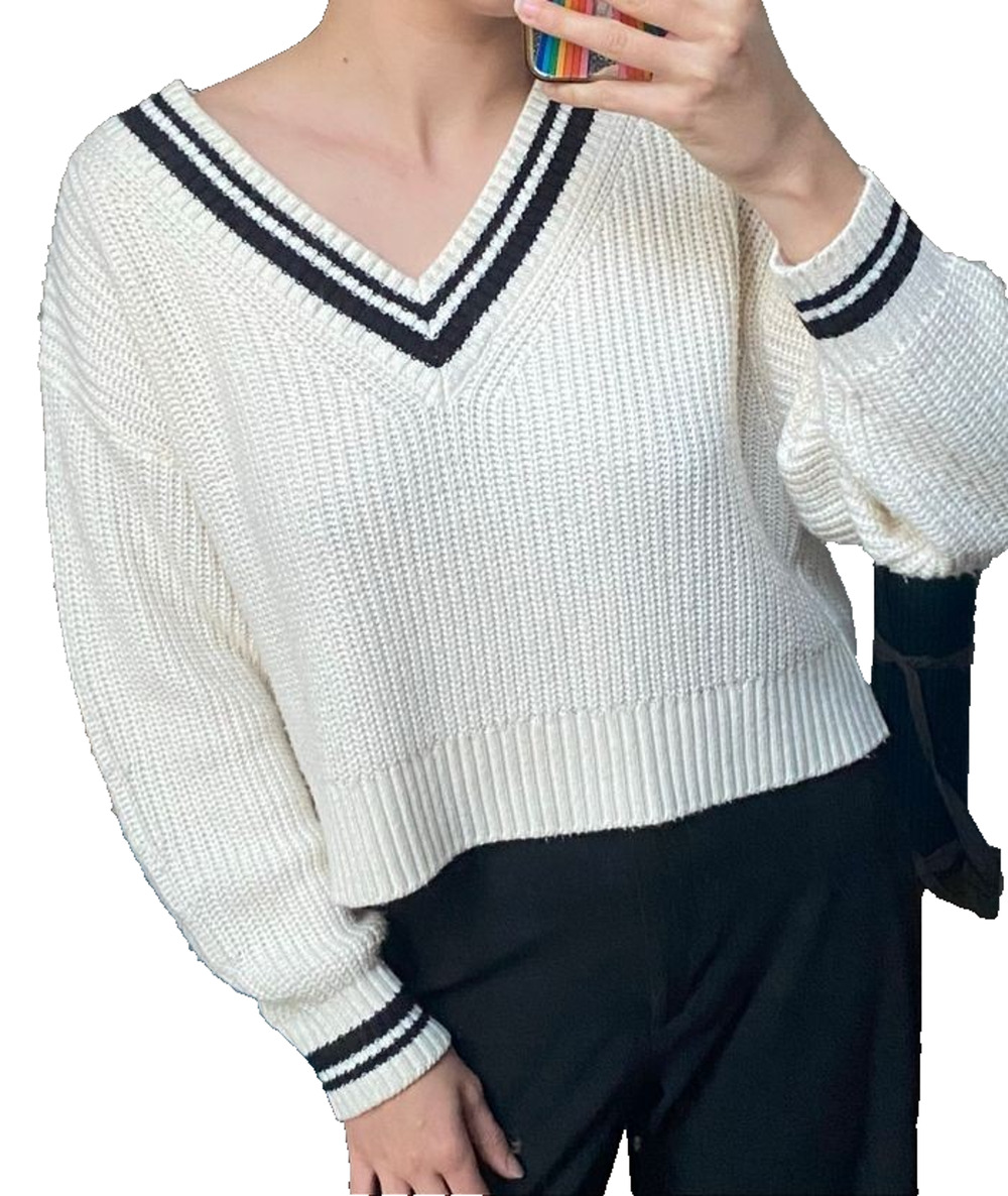 H&M ivory v-neck sweater knitted Y2K preppy style SIZE XS A001891